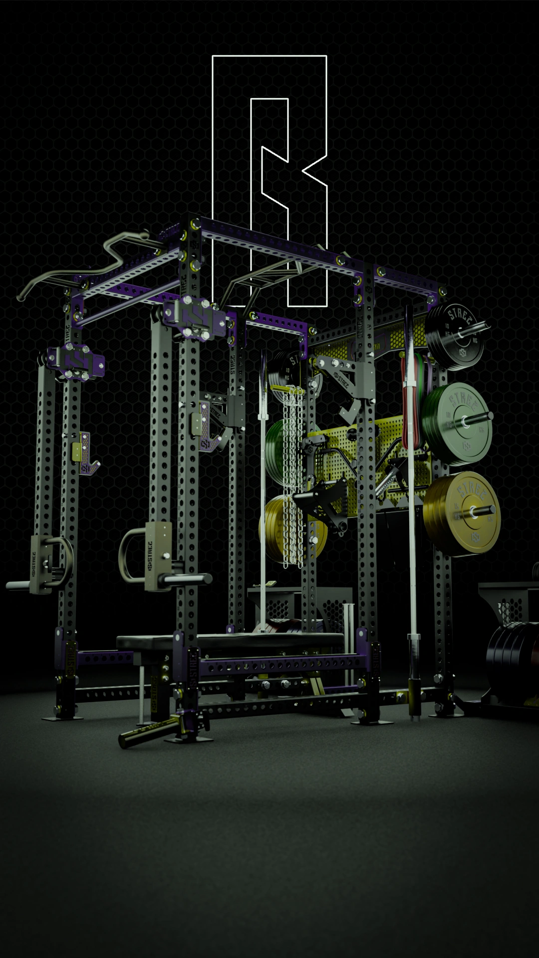 Custom STREZ Multi Rack in a dark studio setting